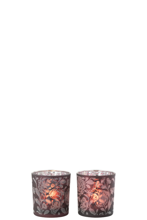 J-Line windlicht Bloemen - glas - paars/zilver - small - 2 stuks
