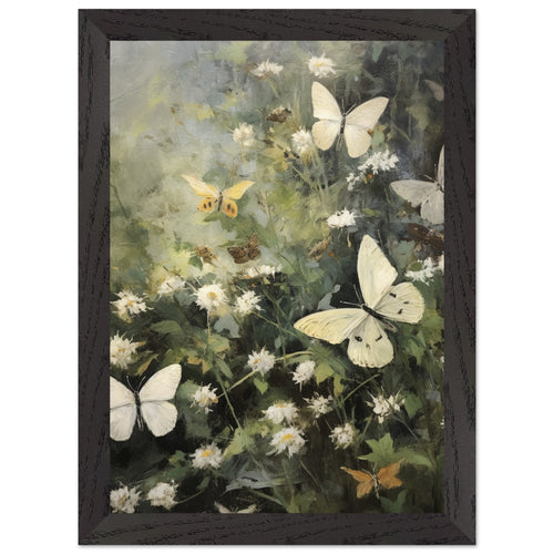 Artfulprints Poster met Lijst Butterflies in flowerfield   - A4 21x29.7 cm - Donkergroen