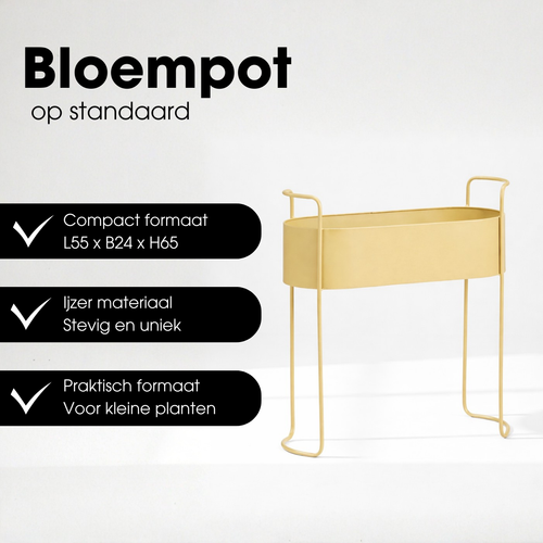 Mica Decorations Moritz Bloempot op Standaard - Plantenpot L55 x B24 x H65 cm - Plantenstandaard op IJzer - Bloempot Binnen of Buiten - Beige