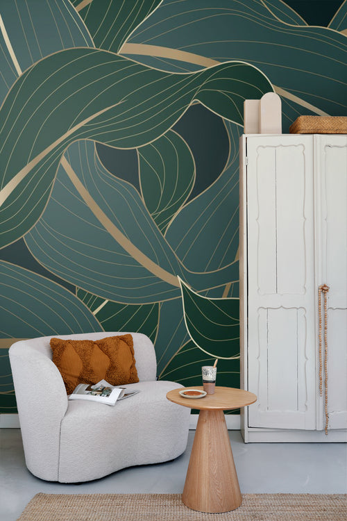 Sanders & Sanders fotobehang bladeren groen, petrolblauw en goud - 375 x 270 cm - 600995