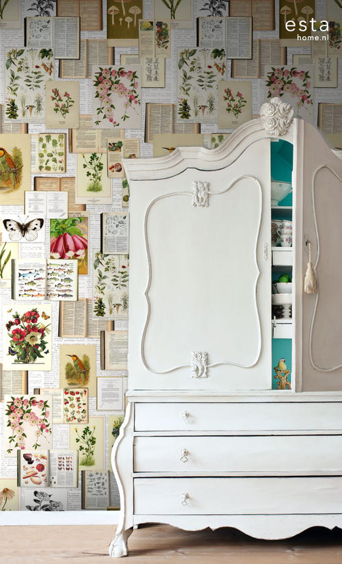 ESTAhome fotobehang botanische prenten beige, groen en roze - 100 x 279 cm - 158508