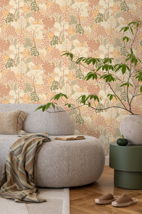 ESTAhome behang bomen en bloemen beige, terracotta en groen - 50 x 900 cm - 131186 - vtwonen shop