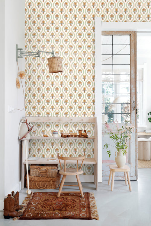 ESTAhome behang vintage bloemen groen, geel en oranje - 50 x 900 cm - 131739