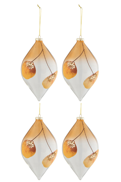 J-Line kerstbal Druppel Gedroogd Blad Oker + Glitter - glas - transparant - doos van 4