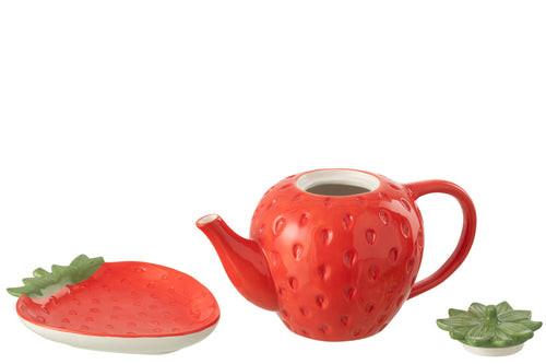 J-Line theepot Aardbei Dolomiet - keramiek - rood
