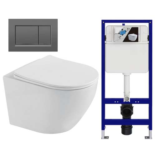 LOMAZOO hangtoiletset Linea - met inbouwreservoir & vierkante drukplaat - rond - gun metal / wit