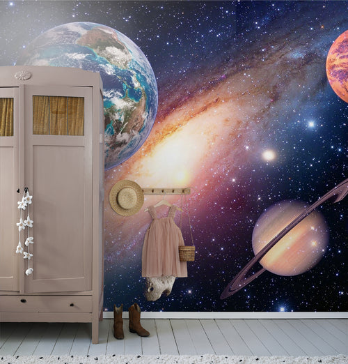 Sanders & Sanders fotobehang planeten in de ruimte blauw, paars en oranje - 375 x 270 cm - 600546