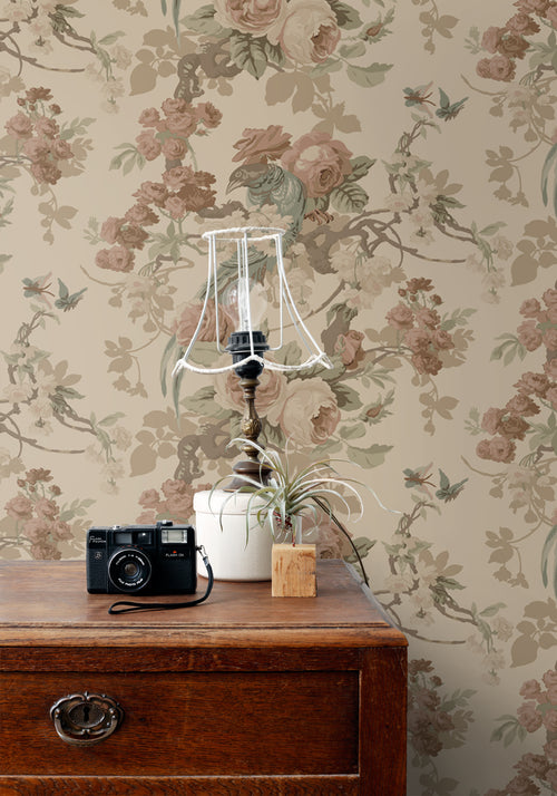 ESTAhome behang bloemen en vogels beige - 50 x 900 cm - 139808
