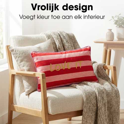 Mica Decorations Love It Sierkussen - Kussen met Kussenhoes - Woondecoratie Woonkamer - 55 x 35 x 10 cm - Katoen, Linnen, Polyester - Rood, Roze, Geel