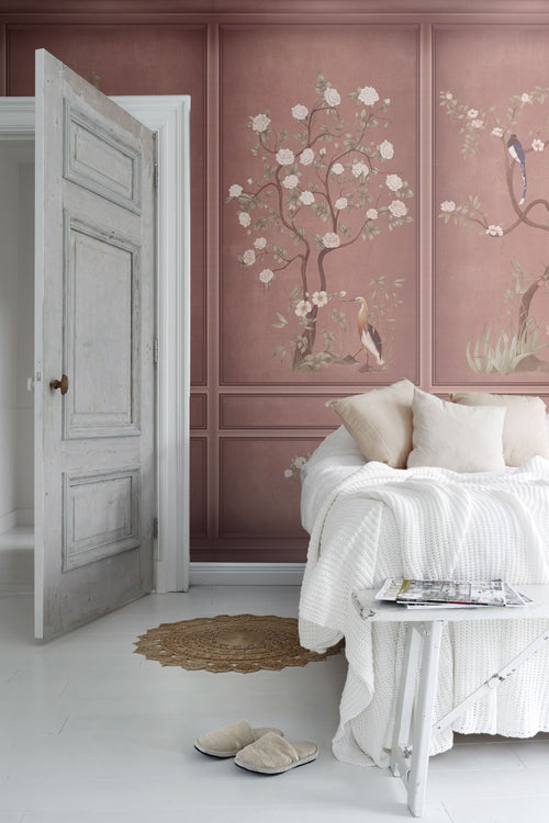 Sanders & Sanders fotobehang bloemen en vogels roze - 318 x 280 cm - 640807