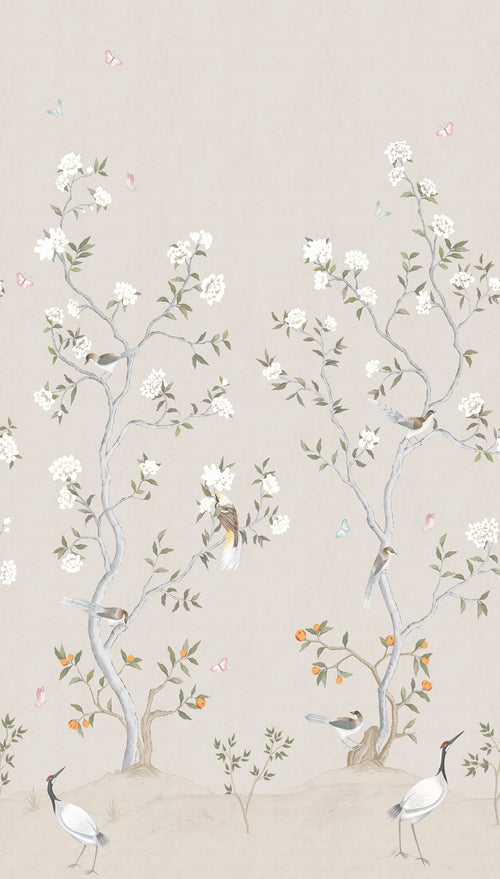 Sanders & Sanders fotobehang bloemen en vogels beige en wit - 159 x 280 cm - 640214