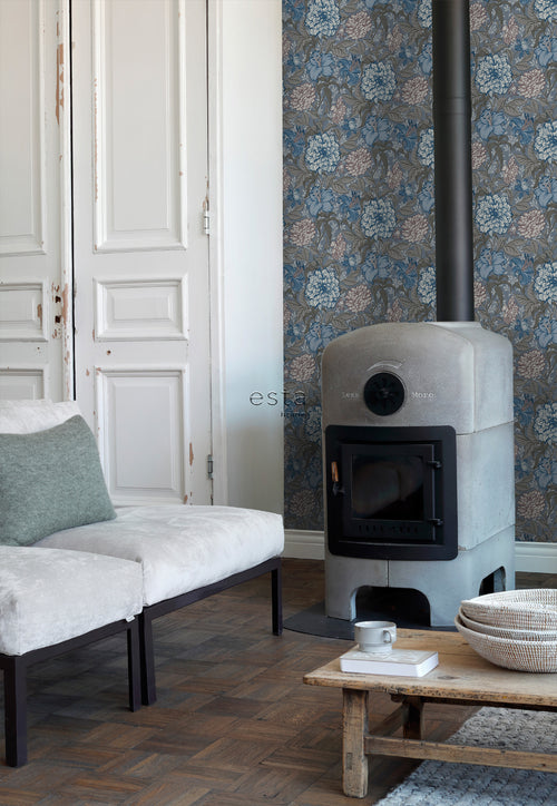 ESTAhome behang vintage bloemen vergrijsd blauw en warm grijs - 53 cm x 10.05 m - 139480