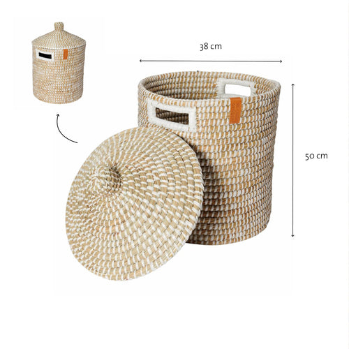 Return to Sender Mand met deksel 36 cm wit en naturel kaisagras