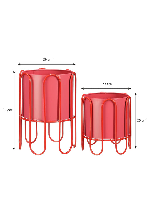 Mica Decorations Dione Bloempot op Standaard - Set van 2 - H35 x Ø26 cm - Metaal - Rood, Roze