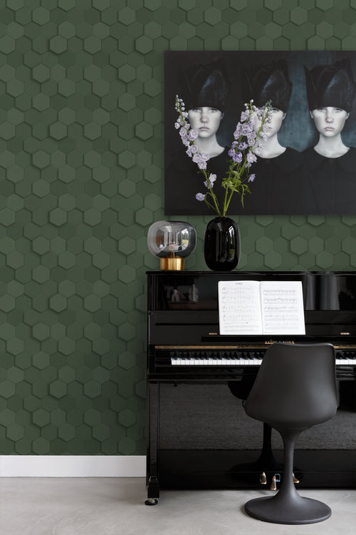 Origin Wallcoverings behang 3d hexagon motief donkergroen - 53 cm x 10.05 m - 347852 - vtwonen shop