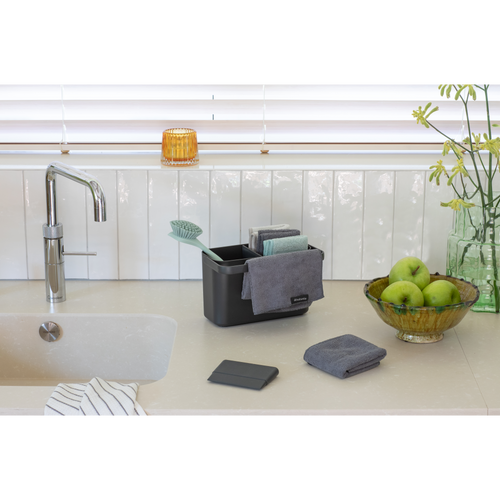 Brabantia SinkSide Schoonmaakset: schoonmaakbakje, bordenschraper, afwasborstel, microvezel sponsdoekjes en schoonmaakdoekjes - Dark Grey