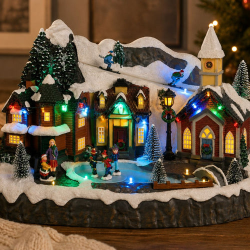 Luville Kerstdorp Miniatuur Dorpsplein - Kerstversiering met Schaatsende Bewoners - Kerst Decoratie met LED-verlichting en Draaiende Figuren - L34 x