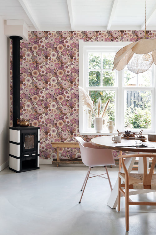 ESTAhome behang retro bloemen mauve paars en terracotta roze - 50 x 900 cm - 131319 - vtwonen shop