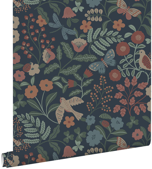 ESTAhome behang bloemen en vogels donkerblauw, roze en groen - 0.53 x 10.05 m - 139870 - vtwonen shop