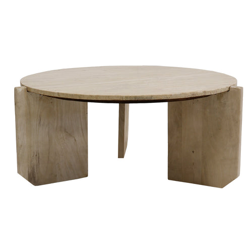 Giga Meubel Salontafel Simon Rond - Travertin/Hout - Bruin - 80x80x36cm - vtwonen shop
