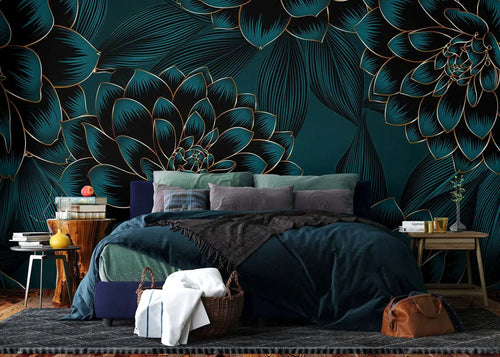 Sanders & Sanders fotobehang bloemen petrolblauw en goud - 375 x 270 cm - 601454