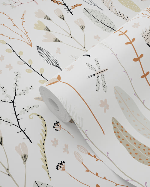 ESTAhome behang veldbloemen zacht roze, grijs en terracotta - 53 cm x 10.05 m - 139702