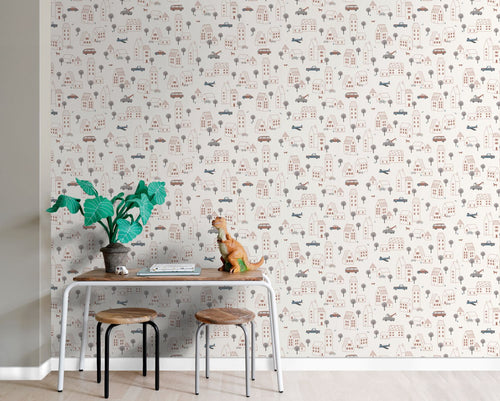 ESTAhome behang voertuigen beige, blauw en rood - 50 x 900 cm - 131825
