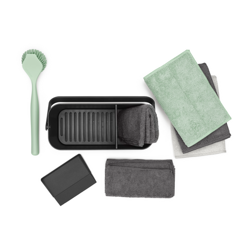 Brabantia SinkSide Schoonmaakset: schoonmaakbakje, bordenschraper, afwasborstel, microvezel sponsdoekjes en schoonmaakdoekjes - Dark Grey