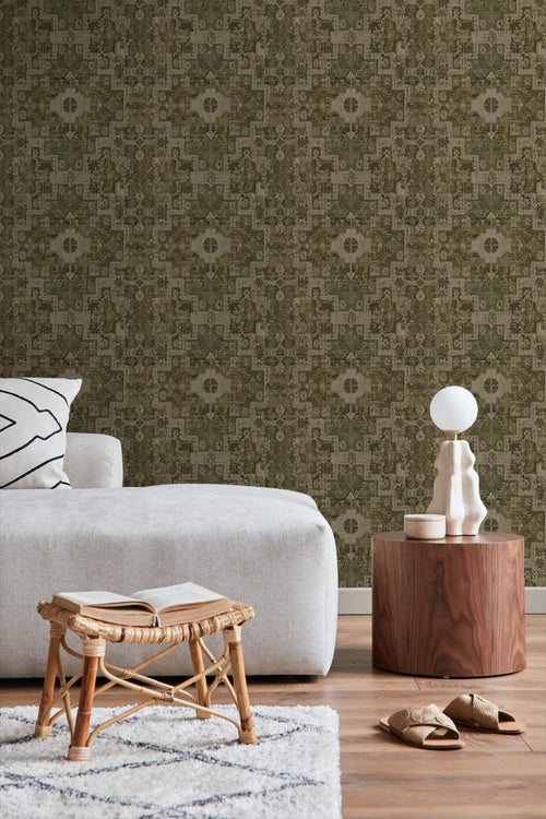 ESTAhome behang oosters kelim tapijt vergrijsd olijfgroen - 50 x 900 cm - 131359 - vtwonen shop