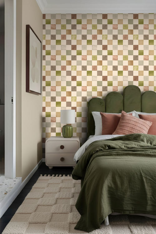 ESTAhome behang geblokt motief groen en bruin - 50 x 900 cm - 132176
