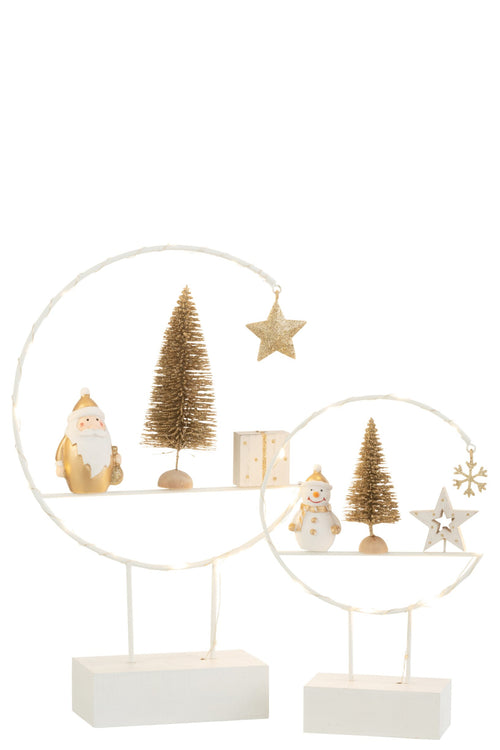 J-Line decoratie Semicirkel Op Voet + Kerstman - hout - wit/goud - LED lichtjes