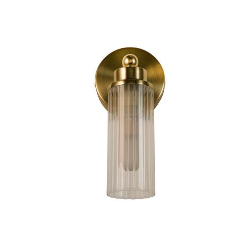 Searchlight Imperial 1-lichts wandlamp, satijnen messing metaal en helder geribbeld glas