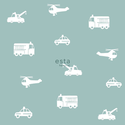 ESTAhome behang auto's, brandweerauto's, helikopters en kranen blauw 53 cm x 10.05 m 128864
