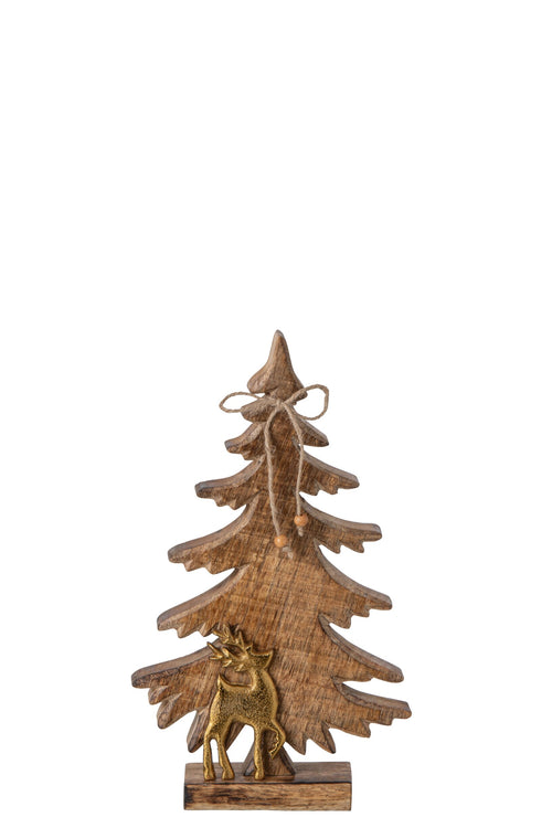 J-Line dennenboom met rendier - mangohout - naturel/goud - small