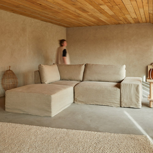 Tikamoon Modulaire hoekbank in natuurlijk linnen met chaise longue, 2-zit - Naturel