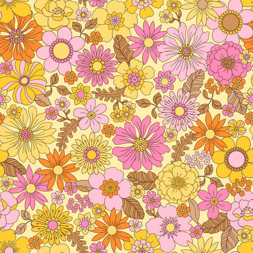 ESTAhome behang retro bloemen geel, roze en oranje - 50 x 900 cm - 131811