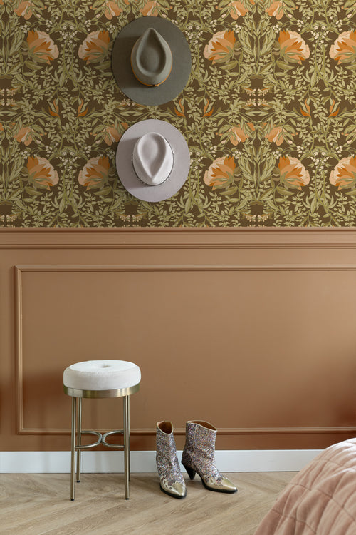 ESTAhome behang vintage bloemen in art nouveau stijl groen en oranje - 50 x 900 cm - 131730