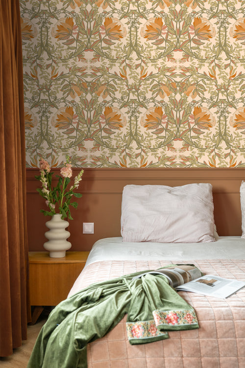 ESTAhome behang vintage bloemen in art nouveau stijl groen, oranje en beige - 50 x 900 cm - 131697
