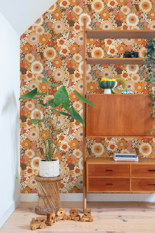 ESTAhome behang retro bloemen oranje en terracotta roze - 50 x 900 cm - 131318