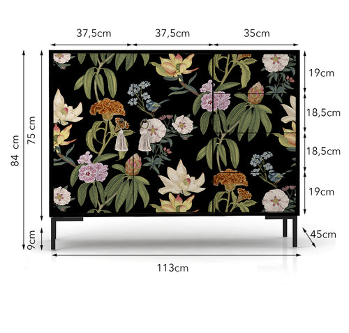 Laag dressoir met 2 deuren en 4 laden van MDF met zwart bloemenpatroon
