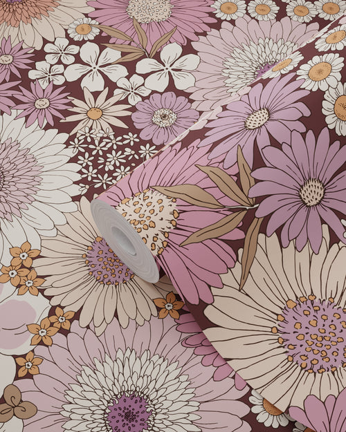 ESTAhome behang retro bloemen mauve paars en terracotta roze - 50 x 900 cm - 131319 - vtwonen shop