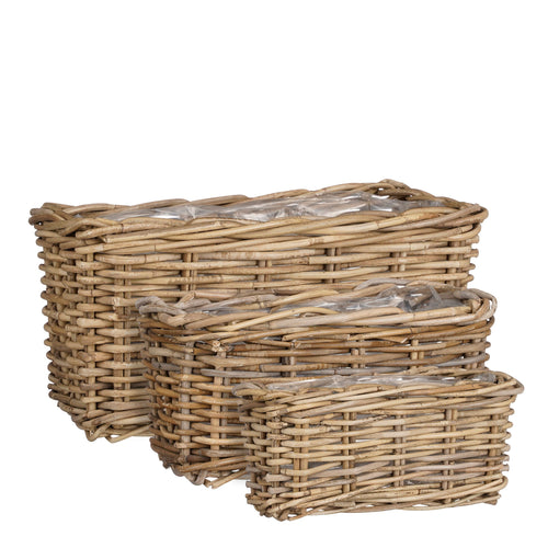 Mica Decorations Marcia Plantenmand voor Buiten - Set van 3 - L40 x B23 x H20 cm - Rotan - Grijs