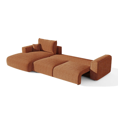 Premium Interiors - Linkshoekbank met slaapfunctie en opbergruimte COMO - zacht aanvoelende geweven stof terracotta 297cm