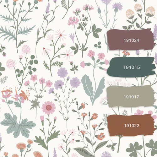 ESTAhome behang veldbloemen lila paars, roze en groen - 53 cm x 10.05 m - 139482