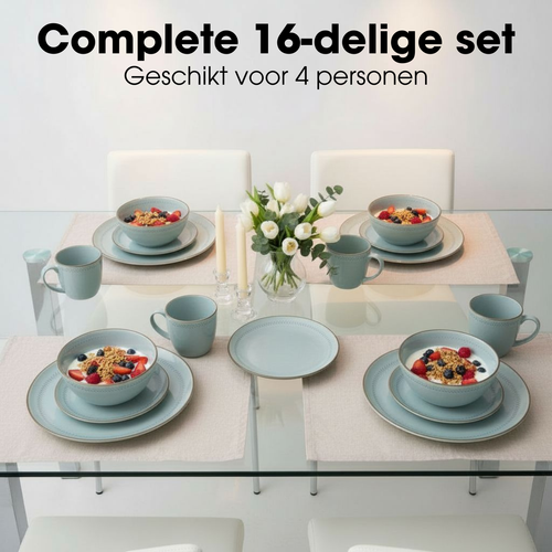 Mica Decorations Racco Serviesset 16-Delig - 4 Persoons - Ontbijtborden, Kommen en Mokken en Dinrborden - Steengoed Servies - Vaatwasserbestendige