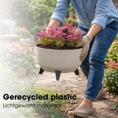 Mica Decorations Doppio Plantenbak op Poten - 18,5 x Ø33 cm - Plantenbakken voor Buiten - Bloembakken voor Balkon - Gerecycled Plastic - Beige