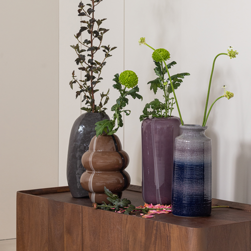 WOOOD vaas Kency - Glas - Bruin Met Streep Donkerbruin - 32x23x23