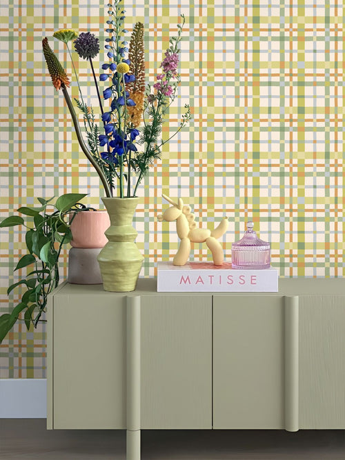 ESTAhome behang ruitjes groen, blauw en terracotta - 50 x 900 cm - 132050