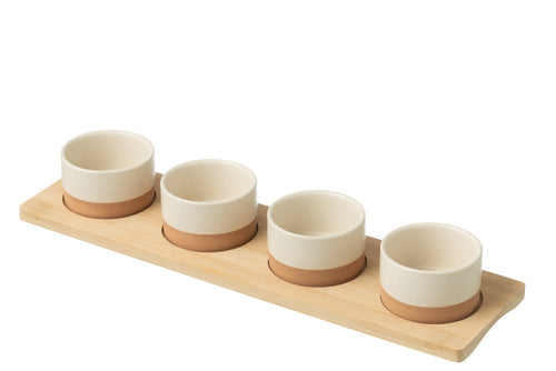 J-Line tapasplank 4 kommen + bambouschaal In Doos - keramiek/hout - wit/naturel