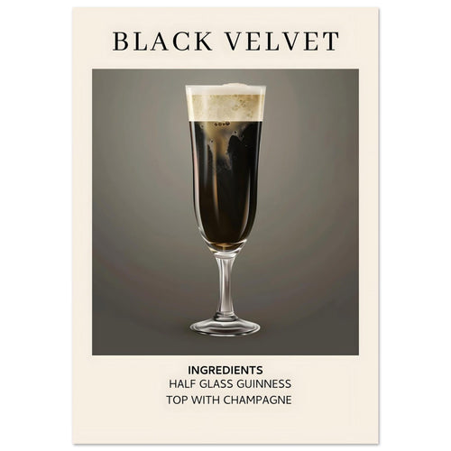 Artfulprints Poster met Lijst Black Velvet cocktail - Ingrediënten   - 70x100 cm - Zwart / Wit